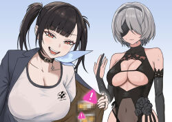 Rule 34 | !, 2b (nier:automata), 2b (yorha unofficial waterfront gear) (nikke), 2girls, black flower, black hair, black one-piece swimsuit, black rose, blindfold, censored, flower, goddess of victory: nikke, highres, mosaic censoring, multiple girls, nier:automata, nier (series), nonotumori, official alternate costume, one-piece swimsuit, orange eyes, rose, sora (nikke), swimsuit, upper body
