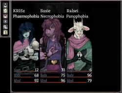 1boy 1girl 1other androgynous animal_ear_piercing animal_ears armlet armor black_coat black_gloves blue_hair body_fur bracelet breastplate buckle cape character_name claws coarzia coat colored_skin deltarune english_text fake_screenshot fear_&amp;_hunger_(series) fear_&amp;_hunger_1 fingerless_gloves fingernails furry furry_female furry_male gameplay_mechanics glasses gloves goat_boy goat_ears green-framed_eyewear green_poncho hair_over_one_eye hand_up hands_up heads-up_display heart heart-shaped_buckle heart_print highres holding jewelry kris_(dark_world)_(deltarune) kris_(deltarune) long_fingernails long_hair meme one_eye_in_shadow overbite own_hands_together parody pauldrons pink_cape pink_scarf pink_skin poncho purple_hair purple_undershirt ralsei realistic red_eyes reptile_girl scarf sharp_fingernails sharp_teeth shoulder_armor single_shoulder_pad sleeveless sleeveless_coat spiked_armlet spiked_bracelet spikes steepled_fingers style_parody susie_(dark_world)_(deltarune) susie_(deltarune) teeth torn_clothes torn_sleeves user_interface white_fur