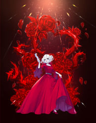 1girl absurdres ambiguous_red_liquid belt black_eyes broken_glass colored_skin dress flower full_body glass glass_shard glint hair_between_eyes hair_rings hand_up high_heels highres holding holding_glass_shard holding_knife identity_v knife lipstick long_dress looking_at_viewer makeup mary_(identity_v) parted_lips petals pumps red_dress red_flower red_footwear red_rose red_theme rose short_hair skirt_hold smile solid_eyes solo sparkle standing stitched_neck stitches tamaaaaaaa thorns white_hair white_skin wide_sleeves