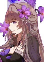 Rule 34 | 1girl, alternate costume, brown gloves, brown hair, commentary, dress, facing to the side, flower, from side, gloves, hair flower, hair ornament, half gloves, herta (honkai: star rail), honkai: star rail, honkai (series), long hair, long sleeves, looking at viewer, parted lips, purple eyes, purple flower, simple background, solo, tana (tanabio), the herta (honkai: star rail), upper body, white background