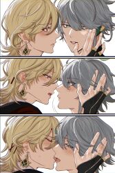 Rule 34 | 2boys, 3koma, absurdres, akasha terminal, alhaitham (genshin impact), black gloves, blonde hair, blush, closed mouth, closing eyes, comic, couple, earrings, fingerless gloves, french kiss, genshin impact, gloves, grey eyes, grey hair, hair ornament, hand on another&#039;s face, highres, jewelry, kaveh (genshin impact), kiss, looking at another, looking at viewer, male focus, multiple boys, npnpnp0771, parted lips, red eyes, short hair, simple background, upper body, white background, x hair ornament, yaoi