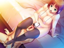 Rule 34 | 1boy, 1girl, bikini, breasts, brown hair, cellphone, censored, cleavage, clothed female nude male, covered erect nipples, erection, feet, femdom, footjob, green eyes, hetero, large breasts, legs, micro bikini, mosaic censoring, msize, no shoes, nude, on bed, open mouth, penis, phone, plump, short hair, sitting, smile, swimsuit, testicles, thick thighs, thighhighs, thighs