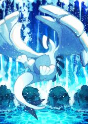 7_phi_3 blue_eyes colored_skin creatures_(company) flying game_freak gen_2_pokemon highres in-universe_location large_hands legendary_pokemon looking_at_viewer lugia nintendo no_humans outstretched_arms pokemon pokemon_(creature) pokemon_focus rock solo spines tail water waterfall whirl_islands_(pokemon) white_skin