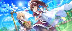 Rule 34 | 2girls, :d, alternate costume, apron, basket, black pantyhose, blonde hair, blue sky, breasts, brown hair, choker, cielo (konosuba), closed mouth, clothes rack, cloud, cloudy sky, collarbone, day, enmaided, frills, from below, game cg, garden, grass, green eyes, hair between eyes, high ponytail, highres, holding, holding basket, juliet sleeves, kono subarashii sekai ni shukufuku wo!, konosuba! fantastic days, lean (konosuba), light blush, long hair, long sleeves, looking at another, looking back, maid, maid apron, maid headdress, matching outfits, multiple girls, necktie, official alternate costume, official art, open mouth, outdoors, pantyhose, pink ribbon, ponytail, puffy short sleeves, puffy sleeves, raccoon tail, red necktie, ribbon, short hair, short necktie, short sleeves, sidelocks, single sidelock, sky, small breasts, smile, standing, sun, sunlight, tail, tree, wavy hair, white apron, wrist cuffs