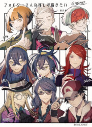 3girls 5boys atticus_(pokemon) avery_(pokemon) baseball_cap black-framed_eyewear black_gloves black_hair black_hat black_hoodie black_shirt blonde_hair blue_eyes blue_hair blue_jacket carmine_(pokemon) commentary_request cowlick creatures_(company) expressionless fingerless_gloves followers_favorite_challenge game_freak gardenia_(pokemon) gloves grey_eyes grey_hair hairband hat highres holding holding_poke_ball hood hoodie jacket kagi0487_(weiss_9610) kieran_(pokemon) long_hair lucian_(pokemon) medium_hair mole mole_on_neck mole_under_eye multicolored_hair multiple_boys multiple_drawing_challenge multiple_girls nintendo orange_eyes orange_hair penny_(pokemon) poke_ball poke_ball_(basic) pokemon pokemon_dppt pokemon_frlg pokemon_hgss pokemon_sv pokemon_swsh purple_eyes purple_hair red_(pokemon) red_hair red_hat red_vest round_eyewear shirt short_hair silver_(pokemon) smile twitter_username two-tone_hair vest wristband yellow_eyes yellow_hairband