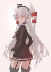 Rule 34 | 1girl, amatsukaze (kancolle), brown dress, brown eyes, commentary request, dress, from behind, garter straps, grey hair, hair tubes, hat, highres, kantai collection, long hair, looking at viewer, looking back, mini hat, neckerchief, neve (morris-minicooper), sailor collar, sailor dress, smokestack hair ornament, solo, thighhighs, two side up, white sailor collar