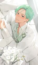 1boy :d blush bouquet coat collarbone_peek cove_holden flower flower_pin green_eyes green_hair green_shirt grin leaning_on_self looking_at_viewer lying male_focus on_bed on_side open_mouth our_life:_beginnings_and_always ryuuieu shirt short_hair smile solo sunlight swept_bangs tuxedo upper_body white_background white_coat