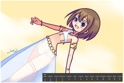 10s 1girl 2017 armlet bikini blush bracelet brown_hair calendar cloud dancer digimon digimon_adventure drantyno female_focus flat_chest harem_outfit highres jewelry loli looking_at_viewer may necklace open_mouth pink_eyes see-through_clothes see-through_skirt short_hair skirt sky smile standing swimsuit teeth thighlet tiara white_bikini white_skirt yagami_hikari yellow_sky