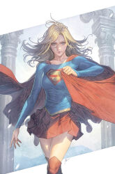 1girl blonde_hair blue_eyes cape dc_comics hair_between_eyes homare_(fool&#039;s_art) long_hair looking_at_viewer pleated_skirt signature skirt solo supergirl superhero_costume