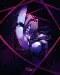 1girl absurdres arm_belt arm_strap armpits arms_up black_gloves breasts brown_hair chest_harness chest_strap collared_shirt dark_background elbow_gloves enagatori_38 evelyn_chevalier gloves hair_between_eyes hair_intakes harness highres looking_at_viewer medium_breasts medium_hair necktie purple_eyes purple_theme shirt sidelocks single_elbow_glove sleeveless sleeveless_shirt solo string upper_body white_shirt zenless_zone_zero