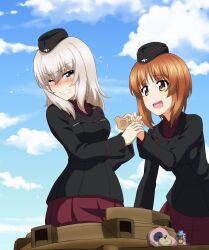 Rule 34 | 2girls, blue sky, blush, breasts, brown eyes, brown hair, clenched teeth, day, girls und panzer, grey eyes, grey hair, highres, itsumi erika, key (gaigaigai123), kuromorimine military uniform, looking at another, medium breasts, medium hair, multiple girls, nervous smile, nishizumi miho, one eye closed, open mouth, outdoors, parted lips, sky, smile, teeth