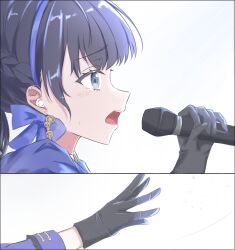 Rule 34 | 1girl, 4th live dream ~bloom the dream believers~, absurdres, arm up, black gloves, black hair, blue eyes, blue hairband, blue jacket, blush, braid, commentary request, compass (love live!), gear earrings, gloves, hairband, half up braid, half updo, highres, holding, holding microphone, in-ear earphones, iroha (nami3), jacket, link! like! love live!, long sleeves, love live!, lyrics, microphone, multiple views, murano sayaka, official alternate costume, open mouth, outstretched arm, profile, reaching, rem (love live!), sidelocks, sweatdrop, teeth, upper teeth only, virtual youtuber, wireless earphones