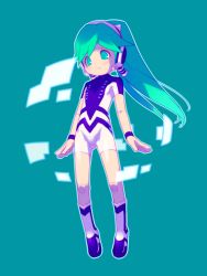 Rule 34 | 0123456789, 1girl, android, blue eyes, blush, bodysuit, boots, charu (ape escape), charu (saru getchu), female focus, flat chest, floating, green hair, headphones, joints, long hair, ponytail, robot ears, robot joints, saru getchu, science fiction, solo