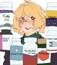 1girl blonde_hair blush charlotte_(isabongos) earrings fertility_drugs isabongos jewelry mature_female meme original pill pill_bottle red_eyes short_hair solo with_enough_power_you_can_refire_even_a_dying_star_(meme)