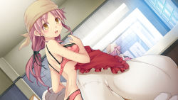 Rule 34 | 1girl, absurdres, arisue haruka, back, blush, bra, breasts, brown headscarf, cosplay, dutch angle, female focus, game cg, hair ribbon, harem tengoku da to omottara yandere jigoku datta, headscarf, highres, hiiro yuki, indoors, izaemon, kigurumi, long hair, looking at viewer, low ponytail, medium breasts, mirror, open mouth, panties, pink bra, pink hair, pink panties, ponytail, reflection, ribbon, solo, sweat, underwear, underwear only, undressing, yellow eyes