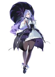 1girl absurdres black_pantyhose black_shoes breasts drill_hair full_body high_heels highres holding holding_umbrella long_hair looking_at_viewer mole mole_under_eye multicolored_hair pantyhose parted_lips pointy_ears purple_eyes purple_hair shoes simple_background solo tnr_(horiko1525) two-tone_hair umbrella vivian_banshee white_background white_hair zenless_zone_zero
