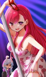 Rule 34 | 2girls, :d, arm up, bare arms, bare shoulders, black jacket, blush, braid, breasts, brown eyes, cellphone, collarbone, commentary request, drawstring, dress, eye mask, fang, floral print, hair between eyes, hair over shoulder, heart, heart-shaped pupils, heterochromia, highres, holding, holding mask, holding phone, hololive, hololive grand theft auto, hood, hood down, hoodie, houshou marine, jacket, kiritoma, long hair, looking at viewer, low twintails, mask, medium breasts, multiple girls, open mouth, phone, pole, pole dancing, print dress, purple eyes, purple hoodie, red hair, smile, solo focus, strapless, strapless dress, symbol-shaped pupils, twin braids, twintails, unworn mask, usada pekora, very long hair, white dress