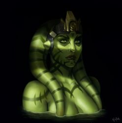 1girl alien colored_skin green_eyes green_skin highres kyle_punk_art lip_piercing lip_ring looking_at_viewer nose_piercing nose_ring partially_submerged piercing saleen_jarvik_(ivynotorious) solo star_wars twi&#039;lek water