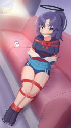 1girl absurdres arms_behind_back bdsm blue_archive blue_buruma blue_eyes blue_jacket blue_shirt blush bondage bound bound_ankles bound_arms bound_legs bound_thighs bound_torso bow bowtie breasts buruma cloth_gag couch embarrassed facial_mark female_focus gag gagged gym_shirt gym_uniform hair_between_eyes halo highres id_card improvised_gag indoors jacket jacket_partially_removed lanyard long_hair looking_to_the_side mechanical_halo medium_breasts messy_hair off_shoulder official_alternate_costume open_clothes open_jacket partially_unzipped ponytail presenting purple_hair ribbon ribbon_bondage shibari shibari_over_clothes shirt shoes sitting solo solo_focus star_(symbol) sunlight sweat sweatdrop thigh_gap thighs track_suit track_uniform window yami071 yuuka_(blue_archive) yuuka_(track)_(blue_archive)