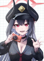 1girl :d absurdres black_choker black_hair black_hat black_horns black_shirt blue_archive blush breasts camera chiaki_(blue_archive) choker cleavage collarbone collared_shirt commentary_request curved_horns demon_girl demon_horns eyelashes hair_between_eyes halo hands_up happy hat highres holding holding_camera horns kokage_yugure long_hair long_sleeves looking_at_viewer medium_breasts necktie open_mouth outstretched_hand partial_commentary peaked_cap pointy_ears puffy_long_sleeves puffy_sleeves red_eyes red_halo red_necktie school_uniform shirt sidelocks simple_background slit_pupils smile solo straight_hair textless_version tsurime upper_body upturned_eyes very_long_hair white_background