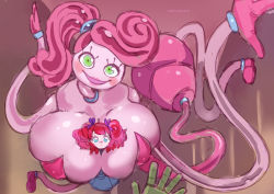 2girls between_breasts blue_dress boots breasts colored_skin dress highres huge_breasts lemonbizate lipstick long_arms long_hair long_legs looking_at_viewer makeup mommy_long_legs multiple_girls person_between_breasts pink_skin poppy_playtime poppy_playtime_(character) red_hair side_ponytail twintails