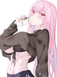 1girl absurdres bikini black_bikini black_jacket black_nails black_pants blush breasts drinking drinking_straw front-tie_bikini_top front-tie_top highres hololive hololive_english jacket kamiya_maneki large_breasts long_hair long_sleeves looking_at_viewer mori_calliope navel pants pink_eyes pink_hair signature simple_background solo stomach swimsuit twitter_username upper_body virtual_youtuber white_background
