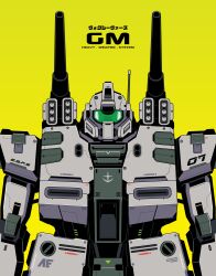 Rule 34 | absurdres, anaheim electronics, arms at sides, assault visor, character name, earth federation space forces, gm cannon ii, green background, green visor, gundam, gundam 0083, highres, mecha, mecha focus, mobile suit, no humans, original, radio antenna, redesign, robot, science fiction, shoulder cannon, simple background, solo, straight-on, upper body, voxiela
