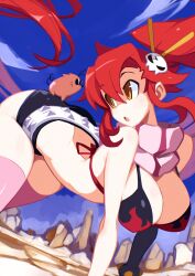 1girl :o absurdres all_fours ass belt bikini bikini_top_only black_shorts blue_sky boota_(ttgl) breasts butt_crack elbow_gloves floating_hair gloves hair_ornament high_ponytail highres julianvanist large_breasts long_hair pink_scarf pink_thighhighs ponytail red_hair scarf short_shorts shorts single_elbow_glove skull_hair_ornament sky studded_belt swimsuit tengen_toppa_gurren_lagann thighhighs very_long_hair white_belt yellow_eyes yoko_littner