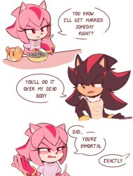 1boy 1girl angry apron black_fur bowl cereal conversation cup english_text father_and_daughter food gloves highres if_they_mated jealous jewelry milk pink_fur pink_shirt red_eyes red_fur ring sega shadow_the_hedgehog shirt sonic_(series) speech_bubble spoon t-shirt toonsite two-tone_fur white_background