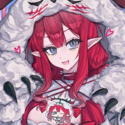 1girl baobhan_sith_(fate) baobhan_sith_(swimsuit_pretender)_(first_ascension)_(fate) bozhidouquannengkendingbot breasts cernunnos_(fate) character_hood chibi chibi_inset detached_collar earrings fate/grand_order fate_(series) grey_eyes headwear_with_attached_mittens highres jewelry looking_at_viewer pointy_ears sidelocks smile solo upper_body