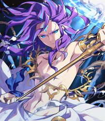 1boy absurdres angry blue_eyes bubble chain chain_belt character_request facial_mark forehead_mark frown highres holding holding_polearm holding_weapon kozakura_(dictionary) long_hair looking_at_viewer male_chest male_focus pectorals polearm purple_hair puzzle_&amp;_dragons sidelocks solo underwater weapon