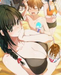 1boy 2girls anna_(kimi_wa_meido-sama) beach bikini black_bikini black_eyes black_hair blue_hair braid braided_ponytail breasts brown_hair cleavage closed_eyes closed_mouth collarbone commentary_request food hair_ribbon hand_on_own_cheek hand_on_own_face highres holding holding_food huge_breasts kimi_wa_meido-sama long_hair multiple_girls open_mouth red_ribbon ribbon shaved_ice shotan spoon_straw swimsuit yokoya_hitoyoshi yuki_(kimi_wa_meido-sama)