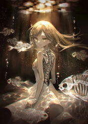 Rule 34 | 1girl, air bubble, backless dress, backless outfit, bare shoulders, brown eyes, brown hair, bubble, closed mouth, commentary request, cowboy shot, dress, fish, fish skeleton, floating hair, from behind, highres, light particles, long hair, looking at viewer, looking back, marutani, mechanical spine, original, sleeveless, sleeveless dress, smile, solo, standing, underwater, white dress