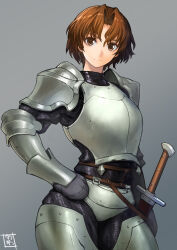 1girl armor breastplate brown_eyes brown_hair cowboy_shot knight looking_at_viewer rance_(series) sanakia_drelshkaf short_hair smile solo sword takebouzu weapon