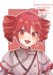 1girl absurdres ahoge airabi blush border bow buttons double-breasted drill_hair grey_jacket hair_between_eyes hair_bow hashtag-only_commentary highres jacket kasane_teto kasane_teto_(sv) looking_at_viewer musical_staff musical_staff_print open_mouth outline red_background red_eyes red_hair red_trim shoulder_belt shoulder_boards sidelocks solo striped_clothes striped_jacket synthesizer_v teeth twin_drills twitter_username upper_body upper_teeth_only utau watermark white_border white_bow white_outline