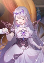 Rule 34 | 1other, 2girls, absurdres, bibbidiba (hololive), blue dress, blue hair, chest jewel, closed eyes, colored inner hair, commentary request, dress, gem, gloves, gradient hair, grey hair, hand jewel, highres, holding, holding hands, holding polearm, holding weapon, hololive, hololive english, hoshimachi suisei, jewel under eye, koseki bijou, koseki bijou (1st costume), lerk puzz, long hair, metal wings, multicolored hair, multiple girls, official alternate costume, open mouth, polearm, purple gemstone, purple hair, purple nails, skirt hold, virtual youtuber, weapon, white dress, white gloves