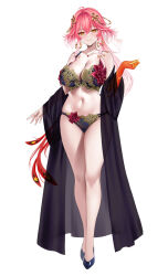 1girl ahoge bare_legs bare_shoulders black_bra black_panties black_robe black_shoes blush body_markings bra braid breasts bright_pupils changli_(wuthering_waves) closed_mouth collarbone colored_extremities commentary fingernails full_body hair_between_eyes hair_extensions hair_ornament hand_up jewelry large_breasts legs lingerie long_hair looking_at_viewer m_(1n910) multicolored_hair nail_polish navel necklace open_clothes open_robe orange_eyes orange_nails panties pink_hair red_hands ring_hair_extensions robe see-through_robe shoes simple_background smile solo stomach twin_braids two-tone_hair underwear very_long_hair white_background white_hair white_pupils wuthering_waves