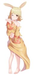 Rule 34 | 1girl, animal ears, barefoot, blonde hair, closed mouth, commentary request, dancer rabbit, detached sleeves, expressionless, full body, hand up, highres, looking at viewer, midriff, one eye closed, pigeon-toed, pokokaki, rabbit and steel, rabbit ears, rabbit girl, short hair, simple background, skirt, solo, standing, strapless, tube top, white background, yellow eyes, yellow skirt, yellow tube top