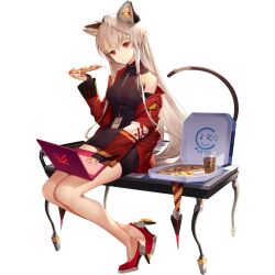 1girl animal_ears artist_request asymmetrical_sleeves bare_legs black_collar black_dress black_gloves breasts cat_ears cat_tail closed_mouth collar collared_jacket computer computer_keyboard cup disposable_cup dress drink eating fake_animal_ears final_gear fingerless_gloves food full_body gloves hair_between_eyes high_heels highres holding holding_food holding_pizza horizontal-striped_sleeves jacket laptop light_bulb long_hair long_sidelocks looking_at_object mechanical_ears mechanical_shoes medium_breasts michaelia_(final_gear) mismatched_sleeves multicolored_sleeves mushroom official_art on_bench pepperoni pepperoni_pizza pink_eyes pizza pizza_box red_collar red_footwear red_jacket red_sleeves side_slit simple_background single_bare_shoulder single_sleeve_past_wrist sleeveless sleeveless_dress solo straight_hair tachi-e tail tail_ornament third-party_source transparent_background turtleneck turtleneck_dress two-tone_tail very_long_hair very_long_sidelocks white_hair zipper zipper_pull_tab