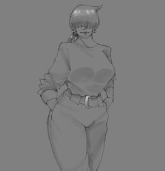 Rule 34 | 1girl, 1shermieaday, belt, breasts, curvy, earrings, female focus, heart, huge breasts, jewelry, large breasts, long hair, pants, ponytail, shermie (kof), standing, the king of fighters, thick lips, thick thighs, thighs, twintails, wide hips