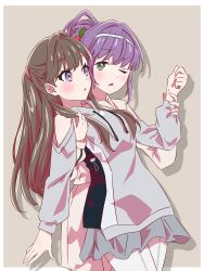 2girls bare_shoulders blush breasts brown_background brown_hair clothing_cutout commentary_request cowboy_shot flower frilled_skirt frills fujishima_megumi fujishima_megumi_(winter_training_wear) green_eyes grey_hoodie grey_skirt hair_bun hair_flower hair_intakes hair_ornament highres hood hoodie jacket link!_like!_love_live! long_hair love_live! medium_breasts miniskirt multiple_girls myrain56991013 official_alternate_costume otomune_kozue otomune_kozue_(summer_training_wear) pantyhose purple_eyes purple_hair red_flower shorts shoulder_cutout side_ponytail simple_background single_side_bun skirt two_side_up virtual_youtuber white_jacket white_pantyhose white_shorts