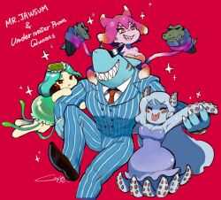 Rule 34 | &gt; &lt;, 1boy, 3girls, barefoot, blonde hair, blue dress, blue hair, blue skin, blue suit, blush stickers, breasts, brown footwear, buttons, character name, cleavage, colored skin, crocodile, crocodilian, dress, evil smile, formal clothes, gradient hair, green dress, green hair, green headwear, green skin, harem, hat, highres, ippaiotabe mkw, large breasts, marina (omori), medusa (omori), molly (omori), multicolored hair, multiple girls, muscular, muscular male, necktie, omori, open mouth, orange eyes, red background, red dress, red hair, red necktie, red skin, shark, sharp teeth, shirt, signature, smile, sparkle, streaked hair, striped clothes, suit, sunglasses, teeth, tentacle grab, tentacle hair, tentacle hands, tentacles, vertical-striped clothes, wavy mouth, white shirt, yellow eyes