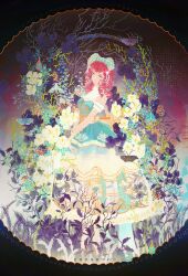 Rule 34 | 1girl, absurdres, bare shoulders, blue bonnet, blue bow, blue butterfly, blue dress, blue eyes, bonnet, bow, breasts, bug, butterfly, character print, chinese commentary, classic lolita, cleavage, colorful background, commentary request, dated, detached sleeves, dress, drill hair, expressionless, eyelashes, faewish sprite, fern, flower, flower request, fortissimo, frilled dress, frilled headwear, frilled sleeves, frills, full body, hair bow, hair ornament, hair ribbon, heart-shaped bonnet, highres, infinity nikki, insect, jiuyu (xinjinjumin4520638), lolita fashion, long dress, long hair, looking at viewer, moth, musical note, musical note hair ornament, nikki (series), no choker, own hands together, parted lips, plant, red hair, ribbon, ribbon-trimmed sleeves, ribbon trim, round window, see-through clothes, see-through dress, solo, standing, strapless, strapless dress, timeless melody (infinity nikki), vines, white flower, white ribbon, white sleeves, winding key, window