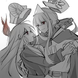 1boy 1girl ahoge arm_around_shoulder arm_around_waist bags_under_eyes belt blade_to_throat blunt_bangs brother_and_sister cape closed_mouth crest dagger family_crest fate/grand_order fate_(series) fiery_hair floating_hair hair_between_eyes hat highres holding holding_dagger holding_hands holding_knife holding_weapon jacket kepi knife long_hair long_sleeves looking_at_another low_ponytail military_hat military_jacket military_uniform oda_nobukatsu_(fate) oda_nobunaga_(fate) oda_uri open_mouth peaked_cap ponytail red_eyes shaded_face siblings sidelocks simple_background smile spot_color triangular_headpiece unworn_hat unworn_headwear v-shaped_eyebrows weapon white_background xixing_chun