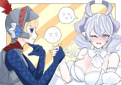 &gt;_&lt; 2girls arm_wrestling armor bare_shoulders blue_eyes border breasts cleavage dress drill_hair duel_monster earrings grey_eyes grey_hair helmet highres jewelry knight_(yu-gi-oh!) large_breasts lovely_labrynth_of_the_silver_castle multiple_girls pointy_ears simple_background sira_tise slit_pupils spoken_expression strapless strapless_dress striped_background transparent_background twin_drills upper_body white_border white_dress yellow_background yu-gi-oh!