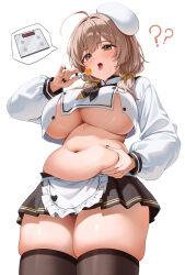 1girl absurdres ahoge apron black_nails black_panties blush bready_(nikke) breasts brown_eyes brown_hair brown_neckerchief brown_ribbon brown_sailor_collar brown_skirt cameltoe candy cropped_shirt food goddess_of_victory:_nikke grabbing_own_stomach highres holding holding_candy holding_food holding_lollipop huge_breasts lollipop long_sleeves low_twintails microskirt nail_polish navel neckerchief no_bra open_mouth panties pantyshot pleated_skirt plump ribbon sailor_collar saliva saliva_trail shirt simple_background skindentation skirt solo thighs tongue tongue_out twintails underboob underwear waist_apron white_apron white_background white_shirt yj_(yojo_san)