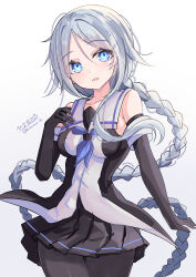 1girl absurdres bare_shoulders black_gloves blue_eyes braid elbow_gloves gloves highres hizaka kantai_collection long_hair looking_at_viewer mole mole_under_eye neckerchief open_mouth pantyhose single_braid skirt solo twitter_username umikaze_(kancolle) umikaze_kai_ni_(kancolle) very_long_hair white_hair