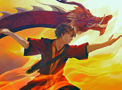 Rule 34 | 1boy, arms up, avatar: the last airbender, avatar legends, black hair, botanicaxu, chinese clothes, commentary, derivative work, dragon, eastern dragon, element bending, english commentary, fire, flying, highres, male focus, pants, profile, pyrokinesis, red shirt, screenshot redraw, sheath, shirt, short hair, short sleeves, simple background, standing, zuko