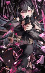 Rule 34 | 1girl, absurdres, aiming, aiming at viewer, black hair, black skirt, blood, broken glass, city, commentary, covered navel, diamond (shape), double-parted bangs, english commentary, garter straps, glass, gun, hair between eyes, hair ornament, handgun, highres, holding, holding gun, holding weapon, kuroha arya, lace-trimmed sleeves, lace garter straps, lace trim, long eyelashes, pink blood, pink eyes, pleated skirt, signature, skirt, solo, virtual youtuber, vspo!, vspo! en, weapon, weapon request, zakimpo