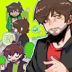 ... 1boy beard black_jacket closed_mouth commentary facial_hair green_eyes green_shirt highres jacket male_focus multiple_views multiple_wings mushroom red_shirt sh4 shirt speech_bubble spoken_ellipsis star_(symbol) vinesauce vinny_(vinesauce) wings